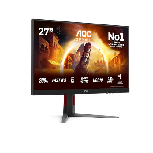AOC Gaming Moniteur 27G4HA 27 Pouce 200Hz Fast IPS Dalle, 1ms GtG, HDR10, G-Sync Compatible, Ajustable en Hauteur, Haut-parleurs, (1920x1080 HDMI 2X 2.0 DP 1x 1.4) Noir