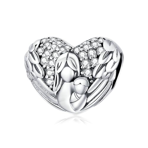Genérico Abalorios Plata ley 925 en forma Corazón, Dije para Mamá, Cuentas Corazón y alas ángel que Simbolizan el Amor Maternal, con la Inscripción Thank You & Love You el reverso