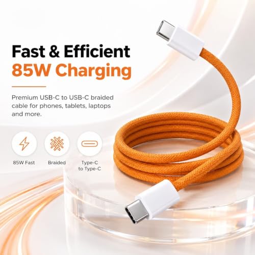 Image of Type C to C Cable 85W Fast Charging, Nylon Braided Cable with PD for iPhone 15 /16 /17, Samsung, OnePlus, Redmi, Pixel, MacBook, Smartphones, Tablets & Laptops, 480Mbps Data Sync Orange-AILKIN