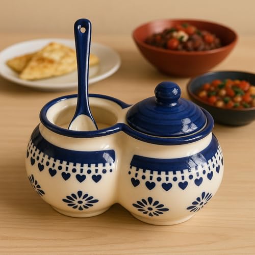 Image of Niyara Multipurpose Storage Ceramic Pickle set Jars & with Lid & tray (Set of 2, 300 ML) (Blue floral design)