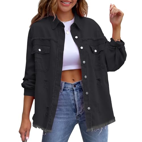 MGizo DtiSpectrum Chaqueta Vaquera Rasgada para Mujer - Chaqueta Vaquera Holgada y Desgastada Estilo Boyfriend con Manga Larga, Chaqueta Vaquera Rota Estilo Camionero con Botón de Metal