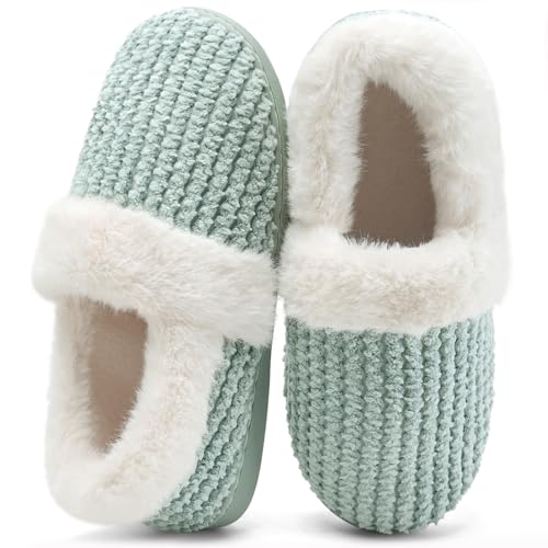 WateLves Pantuflas de espuma viscoelástica para mujer, cómodas, con forro polar de felpa, para interiores y exteriores, Parte trasera cerrada/verde, 11-12