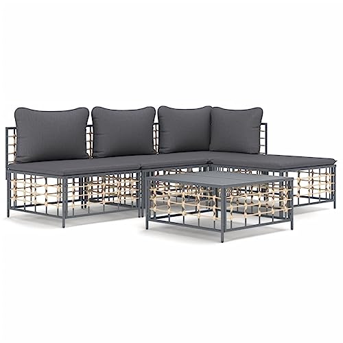 Kaloriko Salon de Jardin 5 pièces avec canapé modulable en résine tressée Anthracite, Coussins Gris foncé, Ensemble mobilier extérieur pour terrasse, Balcon,...
