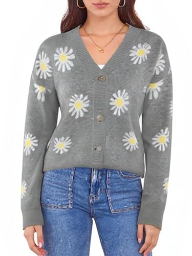 Women's Cardigan Sweaters Long Sleeve Soft Cute Open Front Sweater Grey Flower Warm Daisy Cardigans Medium