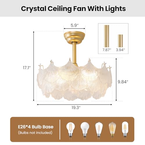 Image of 20'' Fandelier Ceiling Fans with Lights, Gold Caged Ceiling Fan with Remote Low Profile, 6 Speed and Gingko Leaf, Modern Semi Flush Mount Ceiling Fan for Bedroom, Living Room, Nursery