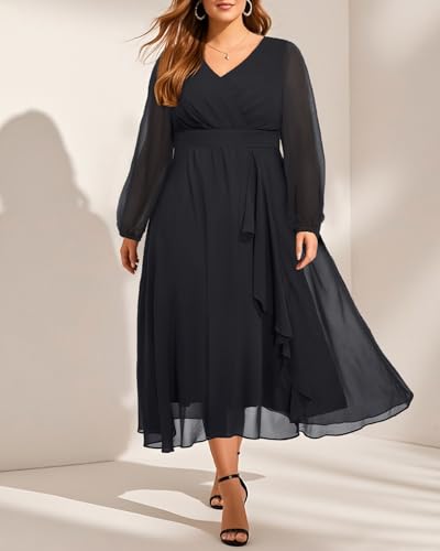 Pinup Fashion Plus Size Dresses for Wedding Guest - 2025 Formal Long Sleeve Chiffon Fall Midi Dress4
