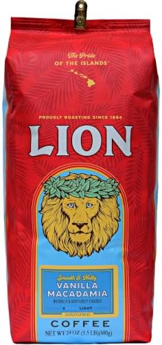 Lion Coffee Vanilla Macadamia Flavored Ground Coffee, Light Roast, Hawaiian Inspired Taste - 24 Ounce Bag