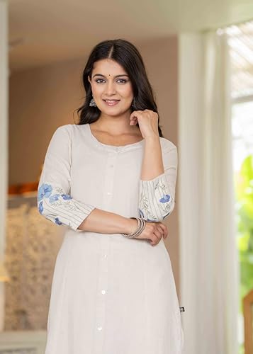 Image of Pistaa's Women Cotton Elegant Off-White Floral Embroidered Sleeves Kurta Palazzo Set