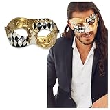 Masquerade Mask For Men - Antique Look Mask for Venetian Party, Masquerade Party, Mardi Gras, Prom, Halloween & Masquerade Ball - Black/Gold (Half - Checkered)