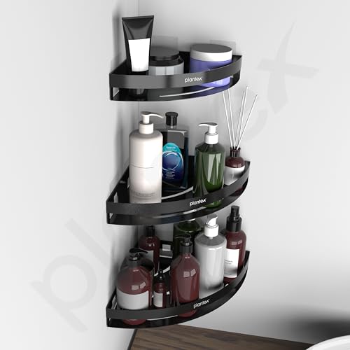 Image of Plantex Corner Shelf for Bathroom Wall /Self Adhesive Bathroom Shelf /Bathroom Corner Shelves self Adhesive /Bathroom Organiser Without Drill- Pack of 3 (Black)