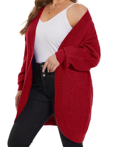 Image of MONNURO Womens Plus Size Open Front Cardigan Waffle Knit Long Sleeve Sweaters Tops Fall Coat Outerwear with Pockets