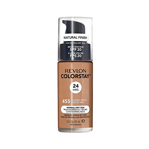 Revlon ColorStay Makeup for Normal/Dry Skin SPF 20, Longwear Liquid Foundation, with Medium-Full Coverage, Natural Finish, Oil Free, 455 Honey Beige, 1.0 oz