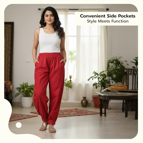 Image of Happy Bunny Women's Cotton Afghani Salwar with Lace Embroidery Detailing - Elastic Waist, Comfortable Loose Fit Bottoms for Casual, Ethnic