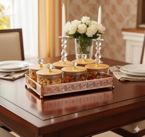 Image of Diwali Serving Dry Fruit, 6 pcs Glass Container Serving Tray Set | 600 ML Each Premium Design Air-Tight Lid Snack Organizer Tray Copper Stand Wooden Lid New Year Gifts