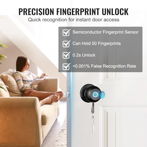 VEVOR Door Knob, Fingerprint Smart Lock with APP Control, Biometric Door Lock Bluetooth Smart Easy Installation Door Lock, for Home Bedrooms, Cloakroom, Hotels, Apartments Offices, Black by VEVOR - Image 4
