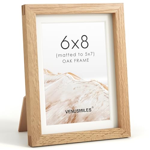 Image of 6x8 Picture Frame, USA-Sourced Natural Oak Wood Photo Collage Frame with HD Tempered Glass, Modern Simple 6 x 8 Wooden Frame Matted to 5x7, Gallery Wall Frames for Art, Wall or Tabletop Display