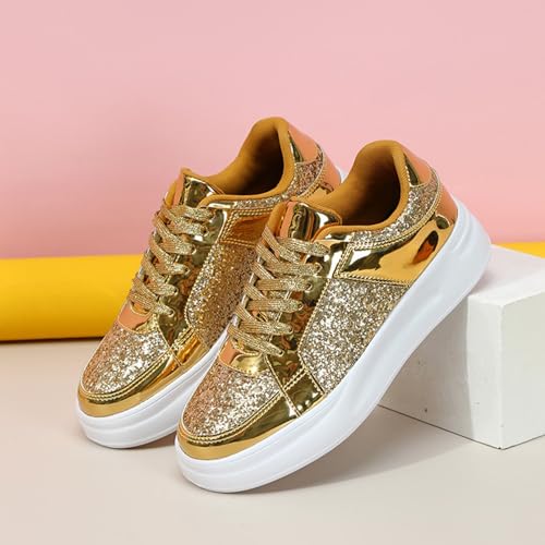 Women's Platform Glitter Fashion Sneakers Dressy Sparkly Tennis Shoes Lace up Bling Wedding Bridal Shoes Shiny Sequin Shoes (b-Gold, 10)