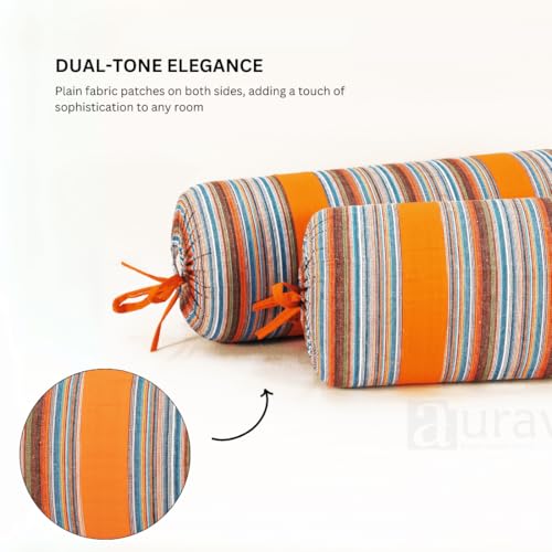 Image of AURAVE Woven Cotton 144 TC Printed Bolster Cover with Drawstring Closure, Set of 2, Soft Breathable Durable Machine Washable for Sofa Bed & Home Decor, 15 inchx30 inch, Orange | Cover Only