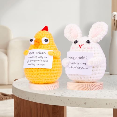 Image of 2PCS Handmade Emotional Support Crochet Rabbit Chick Gifts, Cute Knitted Rabbit Dolls Car Decoartions with Wooden Base, Front Card Decoration for Birthday Gift Home Decoration(A6)