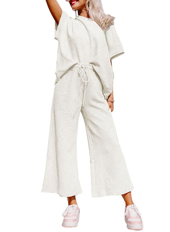 SHEWIN Women's 2 Piece Outfits Sweatsuit Casual Short Sleeve Pullover Tops and Drawstring Wide Leg Pants Lounge Sets