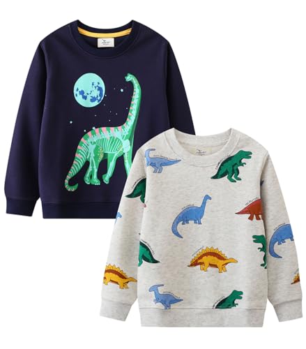 Image of LOKTARC Toddler Boys Graphic Crewneck Sweatshirts 2-Pack, Sizes 2T-7 | Cotton Blend French Terry, Dinosaur, Construction and Shark Graphics, Ribbed Trim, Preschool Daycare Outdoor