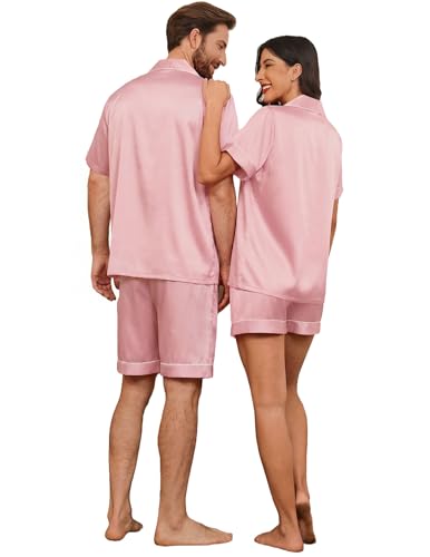 Image of Ekouaer Couple Matching Pajamas Sets Silk Short Sleeve Button Down Sleepwear Satin Pjs Shorts Set Soft Loungewear S-XXL