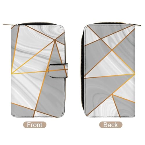 Nugier Women Soft PU Leather Wallet, Zipper Card Case Clutch Credit Bills Money Crash Coin 7.8x4.3x1.4 in Holder Purse Print Grey White Marble Golden Metallic Triangles Gold Lines4