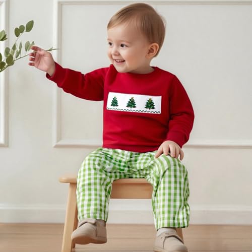 Toddler Baby Boy Christmas Outfit Christmas Tree Embroidered Crewneck Sweatshirt Plaid Pants 2Pcs Winter Clothes Set2