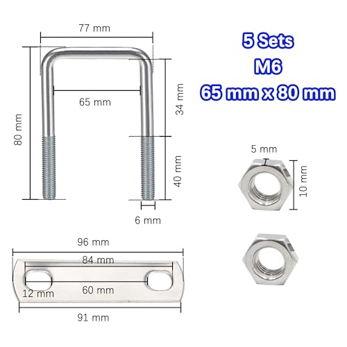 duoyif U-Bolzen M6 65mmx80mm 5Stk U Bolzen Quadratisch, Bügelschraube U Bügel, U-Schrauben Edelstahl Mit Mutter Rahmenplatte, U Bügelbolzen Für Rohr Befestigung Auto Abschleppen (M6 65x80mm)