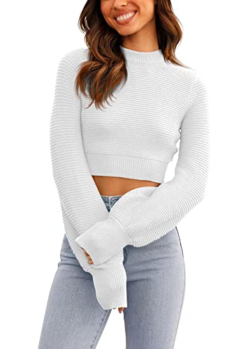 Image of Womens Sexy Crew Neck Cropped Sweaters Knit Long Sleeve Crop Tops Pullover | Ribbed Knit, Long Sleeve, Crop Tops, Pullover,Crew Neck
