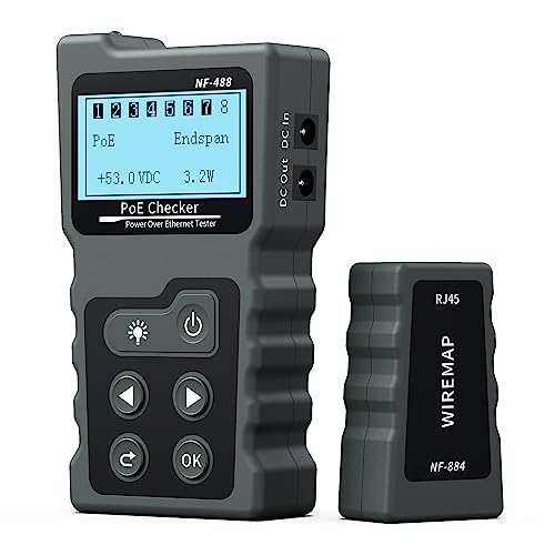 Network Cable Tester, VXSCAN NF-488 POE Cable Tester for Power Over Ethernet, Cable Tester Kit for CAT5e/CAT6/CAT6a, RJ45 Network Cable Continuity Checking, Switch Loop-Back POE Detector