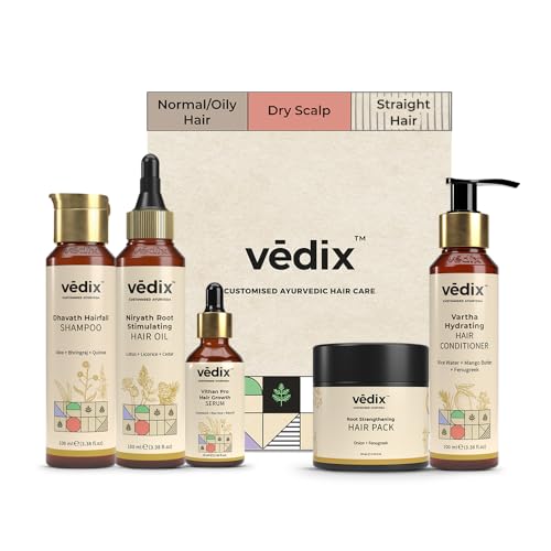 Vedix Ayurvedic Hair growth Kit | 5 product Kit | for Normal, Dry Scalp, Straight Hair | Vedix Hair Oil, Shampoo, Serum, Mask, Conditioner Set