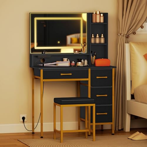 HOMCOM Tocador de Maquillaje con Espejo y Luces LED, 3 Colores de Luz, Estación de Carga, Tocador con Taburete, 4 Cajones de Tela y Estantes, para Dormitorio, Negro