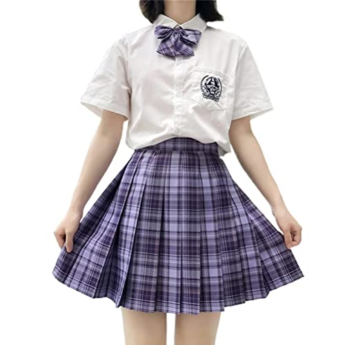 ORANDESIGNE Jupe Plissée Courte Taille Haute pour Femme JK Jupe Ecole de Tennis Evasée avec Doublure Mini Jupe à Carreaux T Violet S