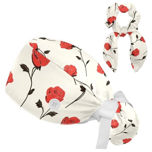 Image of Red Blooming Rose Flowers Black Working Cap with Scrunchy and Ribbon Tie for Women, Long Hair