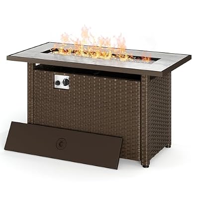 Gizoon 45" Gas Fire Pit Table, Propane Fire Pit with Glass Rocks, Waterproof Cover and Pe Rattan, Outdoor Patio Fire Pits for Backyard, Garden, Party