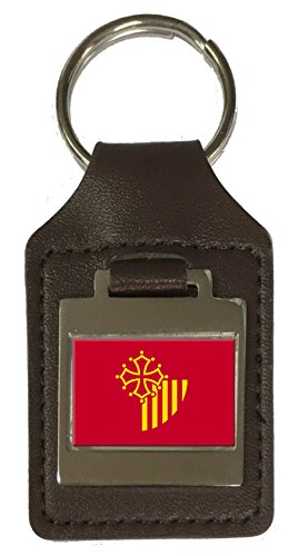 Porte-clés en cuir véritable avec gravure Languedoc Roussillon drapeau