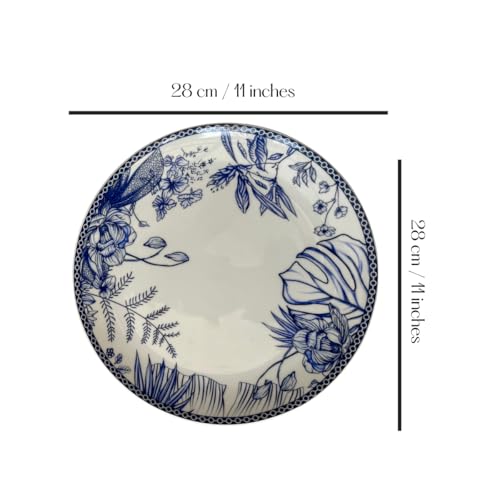 Image of GOLDEN QUEEN'S Handcrafted Dinner Plates: Set of 2 | Perfect for Hosting and Daily Meals | Microwave Safe Plates | 11 inch | Serves 2 - Classic Blue Floral
