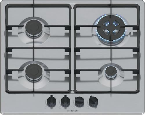 Bosch PGH6B5K60 Série 4, Plaque à gaz, 4 feux, brûleur WOK, grilles en fonte, acier, 60 cm.