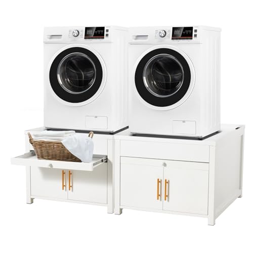 Image of 2 Pack Laundry Pedestal for Washer Dryer Stand 700LBS Shock-Proof | with Pull-Out Shelf Hidden Storage Drainage, Heavy Duty Base, White