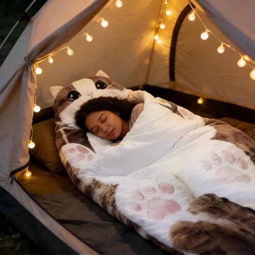 Saco de dormir con diseño de gato, saco de dormir suave y lavable para uso interior o camping miniatura 3