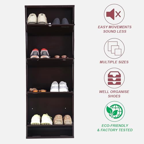 Image of Metal Shoe Rack Wall Mounted for Home with Central Locking | 4 Door 20 inch Wall Mounted Metal 8 Pair Shoe Rack Cabinet | Pre-Assembled Rack Shelves | 3 Year Warranty (Brown)