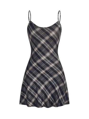 WDIRARA Women's Plaid Spaghetti Strap Cami Dress Sleeveless Flared Hem Mini Dress Black and White Small