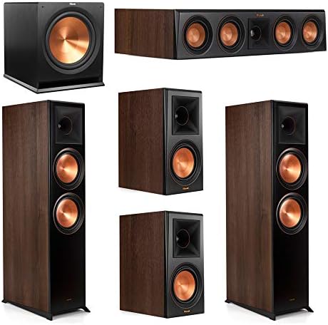 Klipsch 5.1 Walnut System 2 RP-8000F Floorstanding Speakers, 1 Klipsch RP-504C Center Speaker, 2 Klipsch RP-600M Surround Speakers, 1 Klipsch SPL-120 Subwoofer