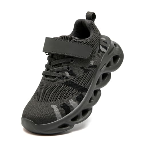 GLYGML Kids Camo Sneakers for Boys – Lightweight Mesh Athletic Shoes with Hook & Loop Closure, Non-Slip Sole, Breathable Running & Walking Shoes for Little Kid, Big Kid Dark_Gray camo Size 13