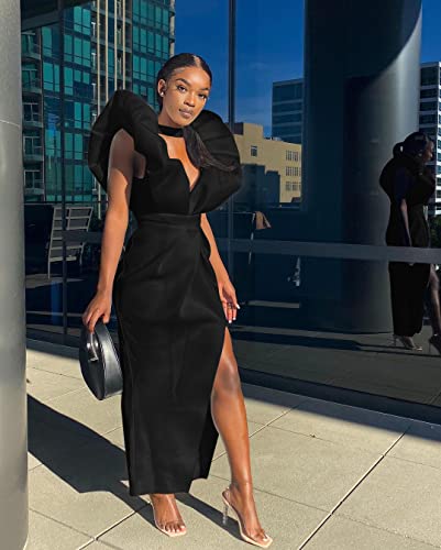 Memoriesea Women's Sexy Deep V Neck Puff Sleeve Side Split Ruched Backless Gown Dress4