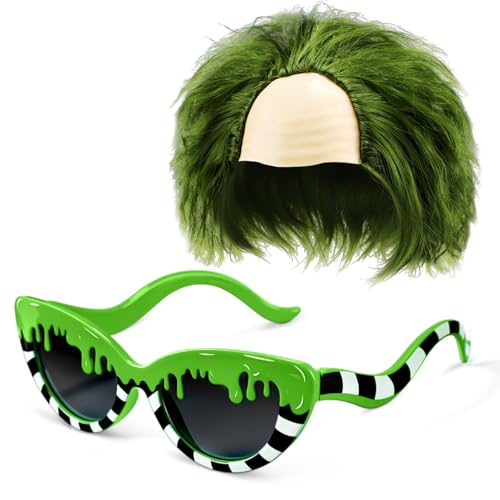 Geiserailie 2 Pcs Halloween Juice Costumes Accessories White and Black Striped Sunglasses Clown Green Short Curly Wig for Adults Men Women Halloween Cosplay Movie Costume Accessories