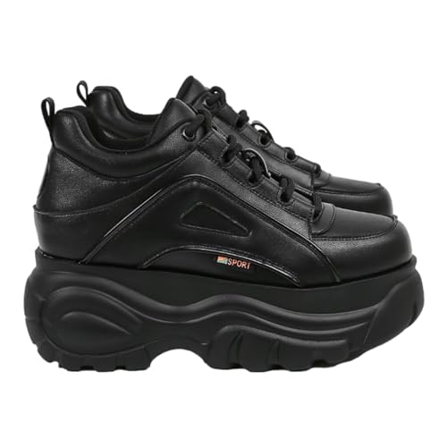 Jamron Tênis feminino de plataforma alta grosso com cadarço casual, Preto, 40