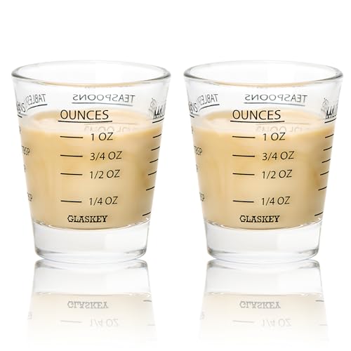 GLASKEY 2 Pcs Mini Verre Doseur, Mini Verre Doseur Cocktail,Verres à shot Verre lourd liquide 26-Mesures incrémentales 1 OZ, 2 TBS, 6 TSP, 30 ML Outils de...