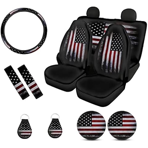 Xoenoiee 11 Pack Retro American Flag Universal Car Accessories Set with Front Seat Cover Rear Split Bench Seats Cover for Cars, Seat Belt Pads, Steering Wheel Cover, Coasters, Keyrings Cover